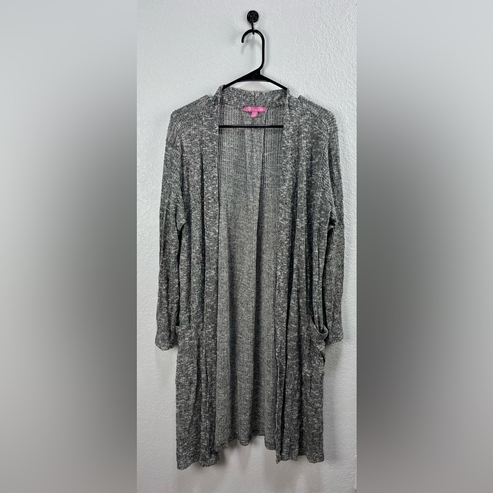 Hale Bob Cardigan Sweater Womens Sz M Open Long Line Duster Pockets Gray white